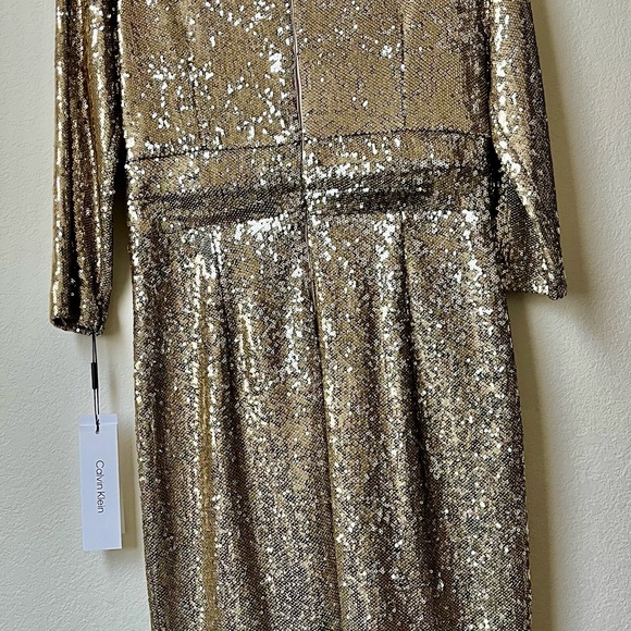 Calvin Klein Women’s Size 8 Shimmering V Neckline Gold Sequin 3/4 Sleeve Dress - Picture 12 of 16
